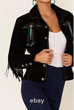 Native American Womens Western Cowgirl Suede Leather Jacket with Fringes & Beads