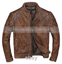 New Mens Classic British Style Quilted Designer Vintage Biker Leather Jacket