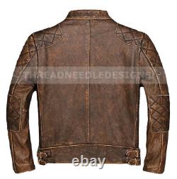 New Mens Classic British Style Quilted Designer Vintage Biker Leather Jacket