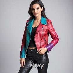 Rare Women's REAL Leather Biker Jacket Modern Vintage design TOP Real leather