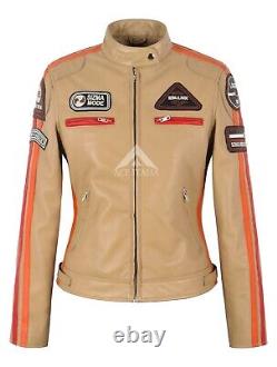 SIZMA Ladies Real Leather Jacket Classic Vintage Retro Motorcycle Racer Style
