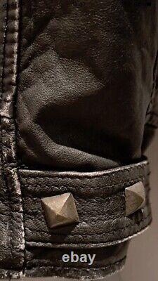 Topshop Kate Moss Black Distressed Leather Biker Jacket Stud Zips Pockets Vtg 12