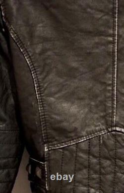 Topshop Kate Moss Black Distressed Leather Biker Jacket Stud Zips Pockets Vtg 12