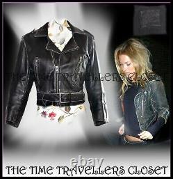 Topshop Kate Moss Icon Crop Black Vintage Aged Leather Biker Jacket UK 12 40 8