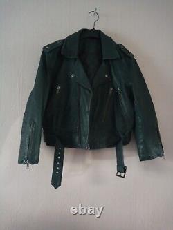 Topshop Kate Moss Vintage Iconic Crop GREEN Aged Leather Biker Jacket UK 14 42