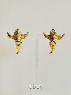 VTG Karl Lagerfeld Angel Cupid Earrings Signed Gold clip Gilt Rare Designer Real