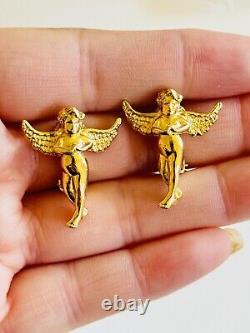 VTG Karl Lagerfeld Angel Cupid Earrings Signed Gold clip Gilt Rare Designer Real