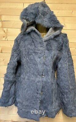 VTG Real Rabbit Fur Coat Luxury Soft Hood + Pockets Distressed Denim Look S/M