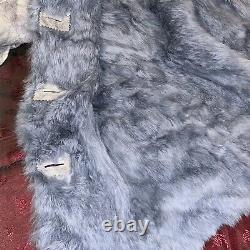 VTG Real Rabbit Fur Coat Luxury Soft Hood + Pockets Distressed Denim Look S/M