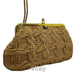 Vintage 60s 70s ETIENNE AIGNER Handmade Woven Jute Leather Wristlet Clutch Bag
