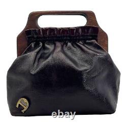Vintage 70s ETIENNE AIGNER Small Leather Wood Handle Clutch Bag Handbag OXBLOOD