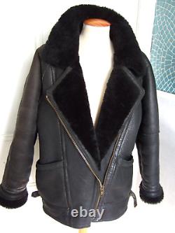 Vintage Black Genuine Shearling Sheepskin Leather Aviator Flying Jacket 12 Uk