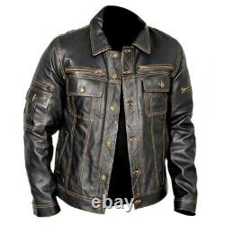 Vintage Denim Trucker Style Cafe Racer Black Real Sheepskin Leather Jacket
