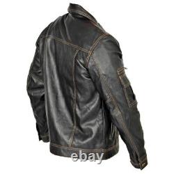 Vintage Denim Trucker Style Cafe Racer Black Real Sheepskin Leather Jacket