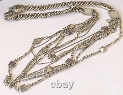 Vintage Designer Genuine Amethyst & Quartz Gemstone Silver Tone Chains Necklace