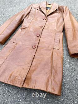 Vintage Genuine Leather Brown Long Cape Coat Jacket Size S Made in Italy