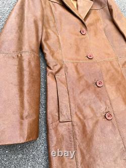 Vintage Genuine Leather Brown Long Cape Coat Jacket Size S Made in Italy