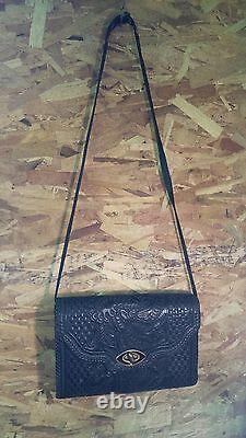 Vintage Hand-Tooled Genuine Leather Purse Hand bag Over Shoulder Black