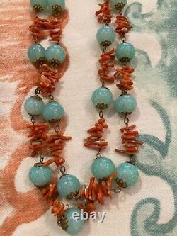 Vintage Haskell Era Double Strand Necklace Ocean Blue Glass and Real Coral Beads