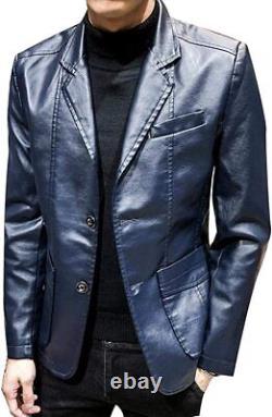 Vintage Men's Genuine Lambskin Leather Blazer Jacket BUTTON Soft Coat Blue