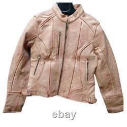 Vintage Women's Genuine Leather Biker Jacket Light Brown Large Motorcycle Style