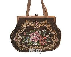 Vtg. FLORAL HandNeedlepoint Brown Tapestry & Genuine Leather Framed Satchel Bag