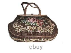 Vtg. FLORAL HandNeedlepoint Brown Tapestry & Genuine Leather Framed Satchel Bag