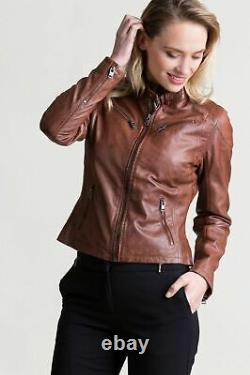 Woman Slim Fit Brown Genuine Real Leather Designer Biker Vintage Jacket