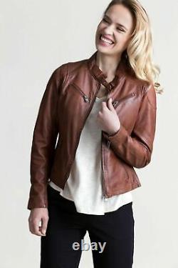 Woman Slim Fit Brown Genuine Real Leather Designer Biker Vintage Jacket