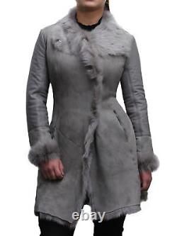 Women Grey Fur Genuine Sheepskin Leather Jacket Real Vintage Classic Retro Coat