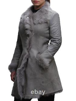 Women Grey Fur Genuine Sheepskin Leather Jacket Real Vintage Classic Retro Coat