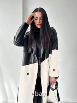 Women's Black Genuine Sheepskin Leather vintage Stylish Long Trench Coat
