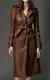 Women's Brown Trench Coat Real Leather Modern Vintage Long Design