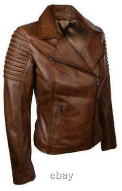 Women's Genuine Lambskin Leather Jacket Biker Jacket Brown Vintage Motor Jacket