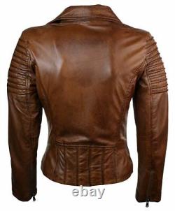 Women's Genuine Lambskin Leather Jacket Biker Jacket Brown Vintage Motor Jacket