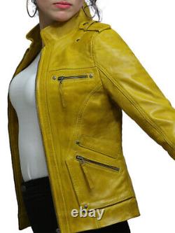 Women's Genuine Leather Real Classic Vintage Biker Jacket Design Black/Yellow