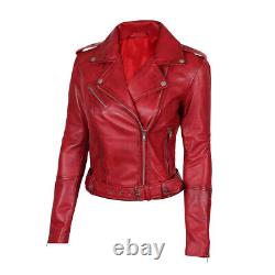 Women's Genuine Soft Lambskin Leather Biker Motorcycle Vintage Jacket Coat Red