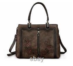 Women's Girls Handbag Vintage Style Floral Genuine Leather Brown Handbag Gift
