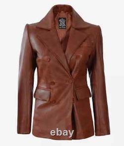 Women's Vintage Brown Sheep Leather Blazer Double Breasted Leather Slim Fit Coat