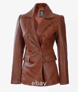 Women's Vintage Brown Sheep Leather Blazer Double Breasted Leather Slim Fit Coat