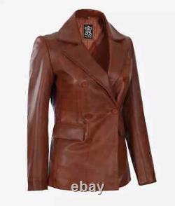 Women's Vintage Brown Sheep Leather Blazer Double Breasted Leather Slim Fit Coat