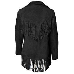 Womens Western Black Leather Suede Cowgirl Native American Fringe Tassel Jacket